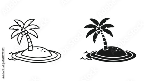 Photography Black and white illustrations of two palm trees on small islands in the ocean wi