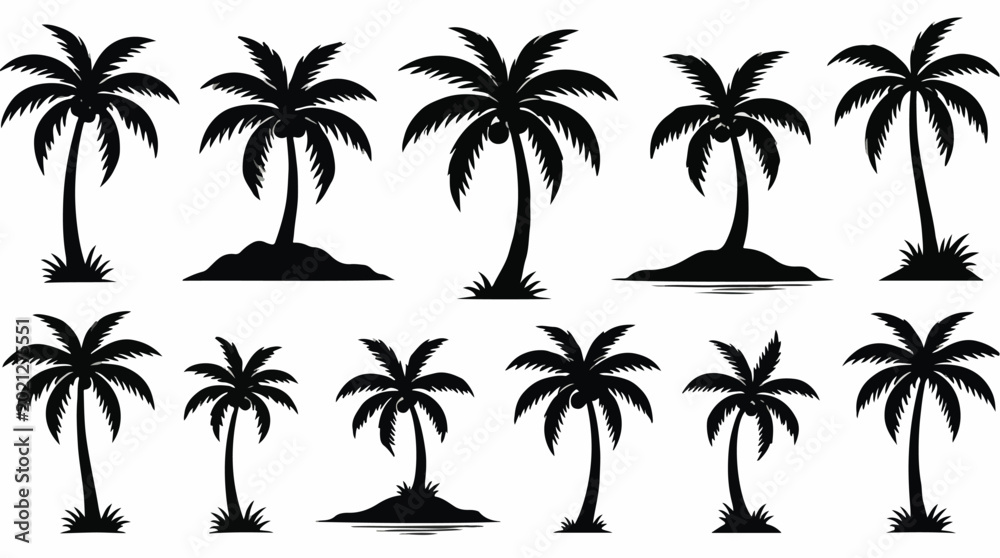 Fototapeta premium Multiple black silhouettes of tropical palm trees on white background