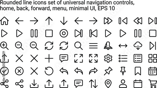 Universal navigation controls rounded outline icon set with home back forward menu buttons and minimal user interface vector collection