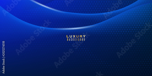 Premium abstract VIP invitation banner background with gold liquid waves, luxury blue light spotlight effect, confetti, and 3D ribbons for business.