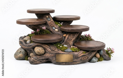 Wooden product display shelf with plant element isolated on white background.