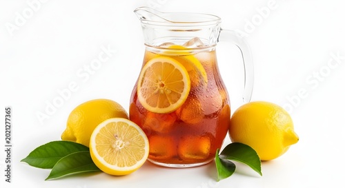 Glass pitcher of iced tea with lemons
