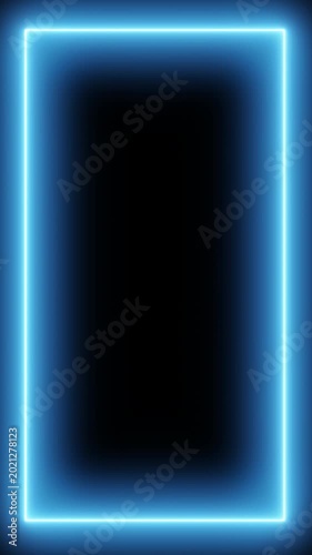 Vertical blue neon saber frame animation on black background. Seamless loop of glowing electric light border for video overlay.blue neon saber frame animation for video overlay.
