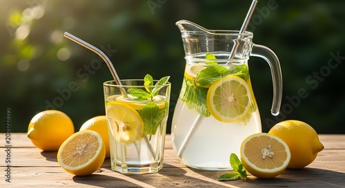 Fresh lemonade with mint in glass and pitcher