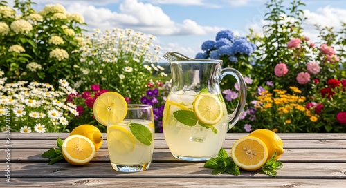 Lemonade in a garden with flowers