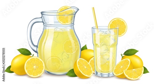 Glass pitcher and glass of lemonade with lemons