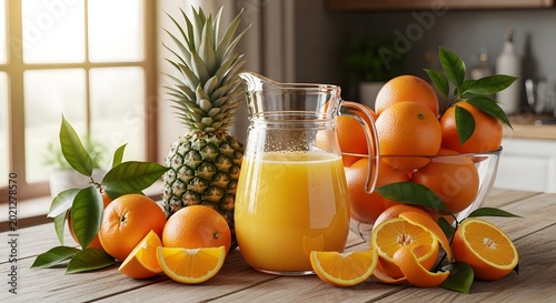 Fresh orange juice with fruits on a kitchen table