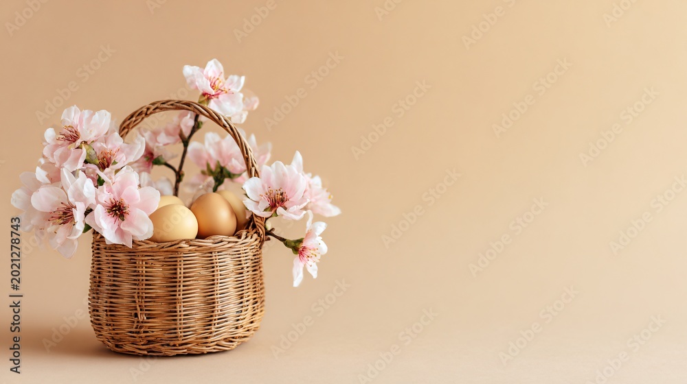 Obraz premium Minimal Easter basket scene on a soft beige pastel background, basket reduced to a small compositional anchor in the lower corner, vast clean copy space dominating the frame