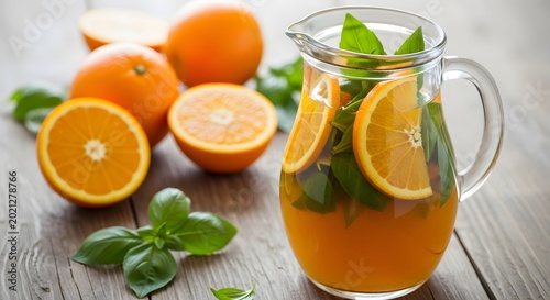 Fresh orange juice with mint in glass pitcher