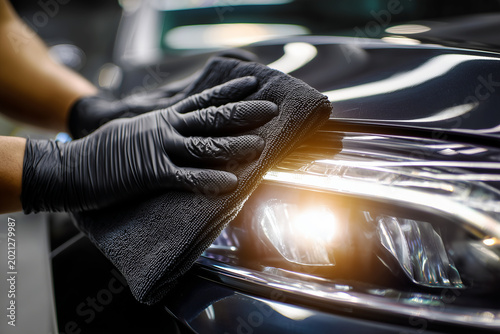 Manos enguantadas de negro pulen los faros y el capó de un coche de lujo con un paño de microfibra gris oscuro. Servicio de detallado de coches de primera calidad que devuelve el brillo de exposición.