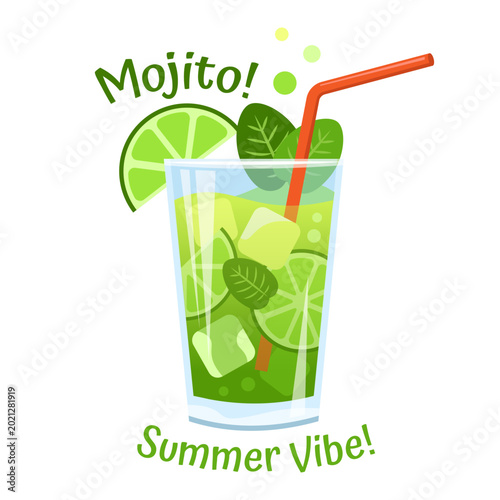 Mojito Cocktail Glass with Lime and Mint – Summer Vibe Vector Illustration