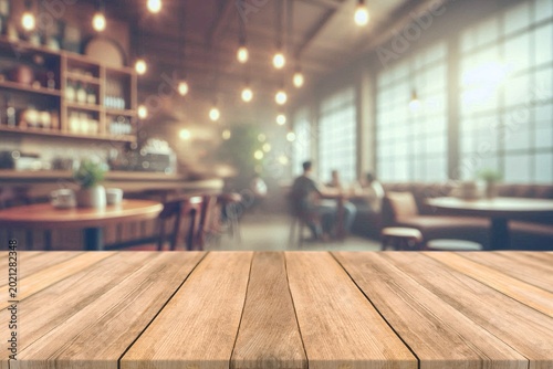 Empty wooden table top with blurred coffee shop and bokeh background for product display.