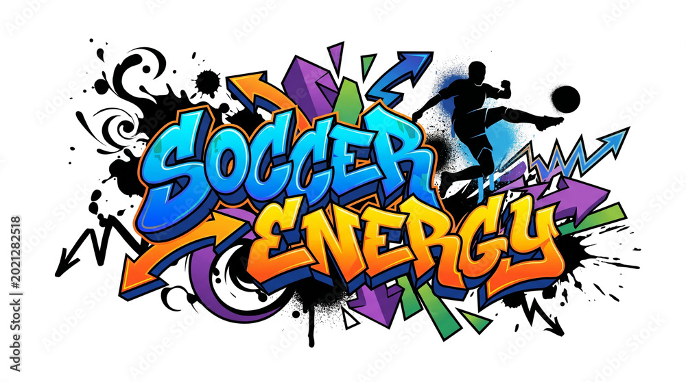 Fototapeta premium Vibrant graffiti-style typography spelling 'Soccer Energy' with colorful splatter and spray paint effects, creating a dynamic and energetic composition.