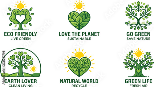 Green life badge set showcases diverse tree and heart illustrations tailored for eco-friendly branding and environmental sustainability projects.