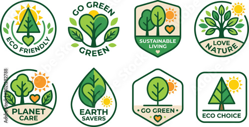 Eco-friendly badge collection features various green tree and heart symbols designed for environmental branding and sustainable product labeling.