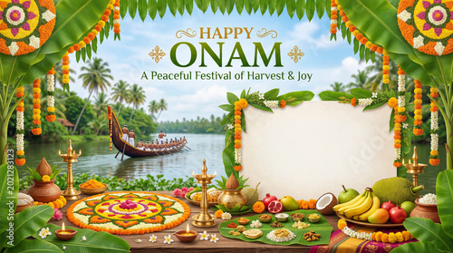 Celebrate Onam With Colorful Decorations, Traditional Food, and a Boat in the Background