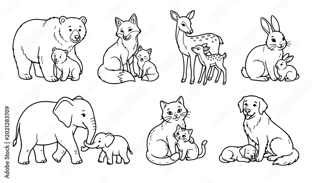 Fototapeta premium Mother and Baby Animals Black Outline Vector Set Isolated Coloring Book Clipart