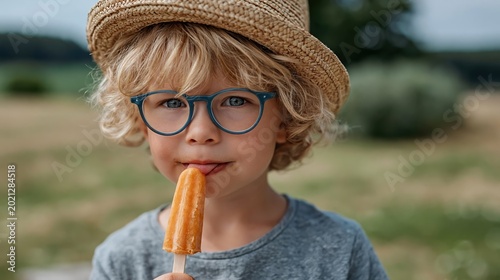 A joyful young boy with curly hair and glasses enjoys a refreshing popsicle on a sunny day in a scenic field, embodying the carefree spirit of childhood in a vibrant setting.