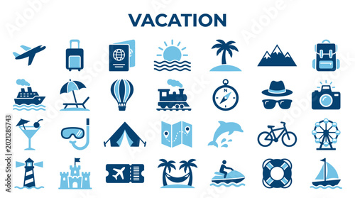 Collection of travel and vacation icons representing different modes of transport accommodation activities and destinations for holiday planning and adventure