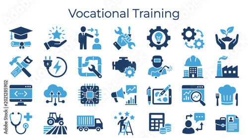 Vocational training concept icons illustrating diverse career paths and skill development in industry technology and education