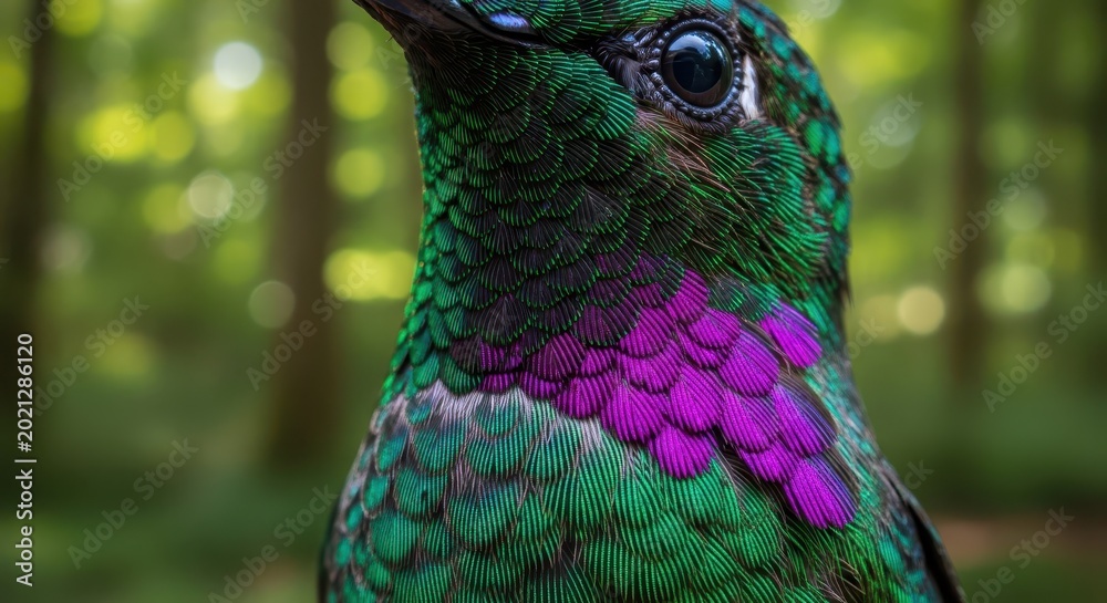 Naklejka premium Extreme Macro Portrait of a Hummingbird with Iridescent Green and Purple Feathers in a Lus