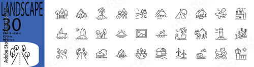 Landscape line editable icon set. Editable stroke. Vector illustration.