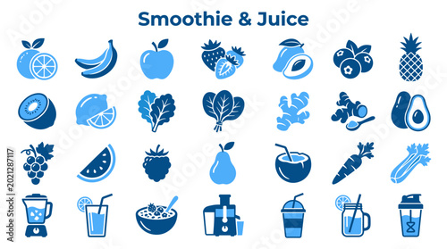 Bild auf Leinwand Healthy smoothie and juice ingredients icons set with blender juicer and cups fo