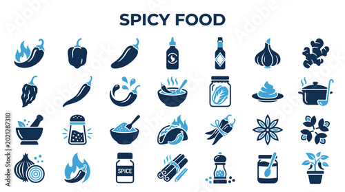 Bilde på lerret Collection of spicy food icons and ingredients representing heat and flavor in c