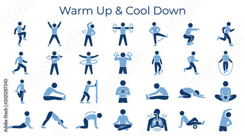 Photos Collection of diverse fitness exercises and stretches for warm up and cool down