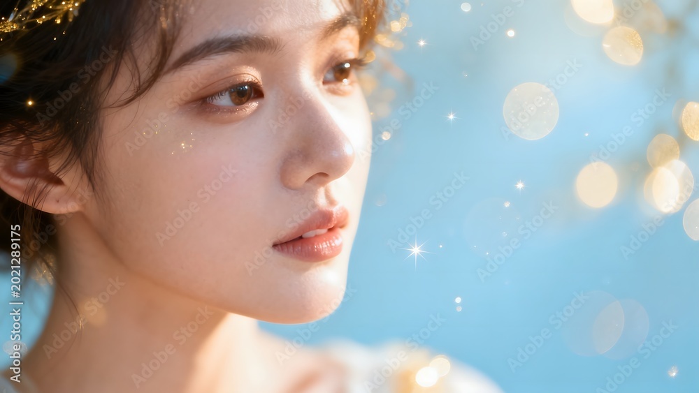 Fototapeta premium Closeup portrait of a woman with bokeh lights