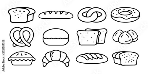 Bakery and Bread Icons. Selection of bakery products shown in outline style, including loaf of bread, baguette, pretzel, donut, and croissant