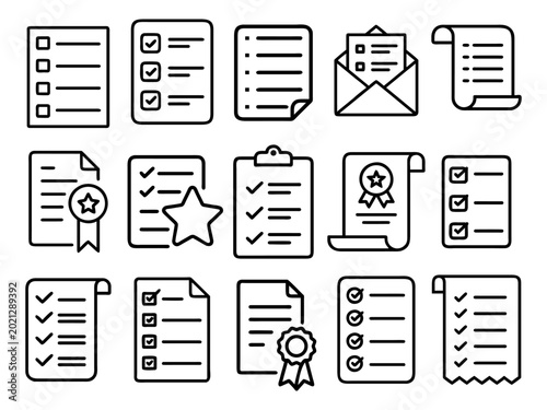 Survey and Approval Icon Set. Collection of linear icons representing tasks, completed surveys, clipboard lists, and certified documents with stars