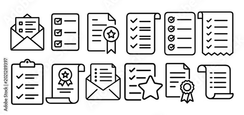 Document and Checklist Symbols Vector Set. Diverse icons for organization and achievement, featuring envelopes, marked checklists, and award certificates