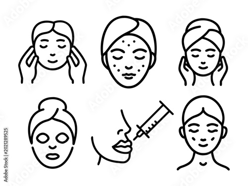 Scincare vector set. Minimalist line art showing various stages of skin care including face massage, acne skin condition, sheet masks, and lip filler procedures