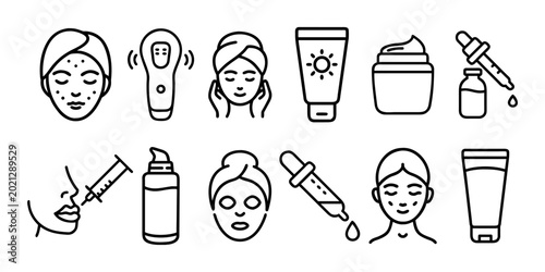 Dermatology and skincare line icon vector collection. Comprehensive set of black outline icons for beauty routines featuring acne treatment, face masks, sunscreen
