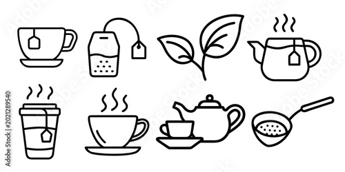 Tea brewing and drinking outline icons. Set of simple black line symbols representing tea culture, featuring tea bags, loose leaves, steeping teapots, to-go cups, and tea strainers