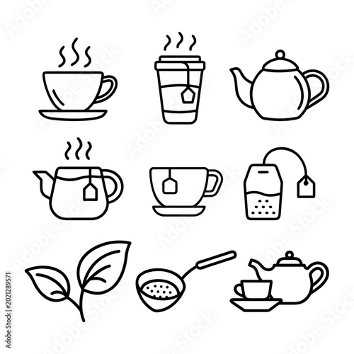 Hot beverage and tea time icon vector set. Collection of linear icons for tea lovers including steaming mugs, ceramic teapots with infusers, tea bags, and fresh tea leaves