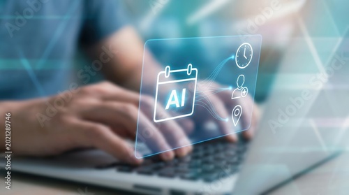 AI Medical Scheduling and Telemedicine Concept: Hands on Laptop with Holographic Doctor Appointment and Location Data
