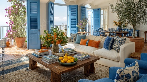 Elegant Mediterranean Living Room with Ocean View and Fresh Oranges on Coffee Table.