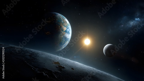 Earth, Moon, and Sun aligned in deep space with a view from a celestial body
