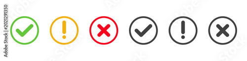 Check mark icons. Label icons check mark. Tick sign, exclamation mark ​​and cross icons. Yes and No symbols. Vector illustration.