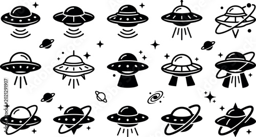 Quadro em tela Black UFO Icon Vector Set Featuring Simple Designs, Cosmic Elements, and Space E