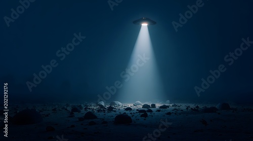 UFO hovering over desert floor at night with bright beam of light