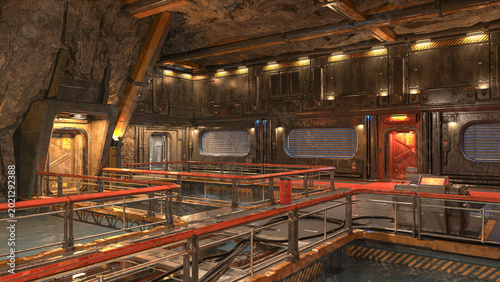 Underground science fiction industrial environment. 3D rendered illustration.