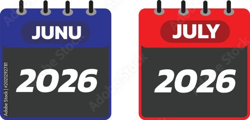 June and July 2026 Calendar Icons Vector Set