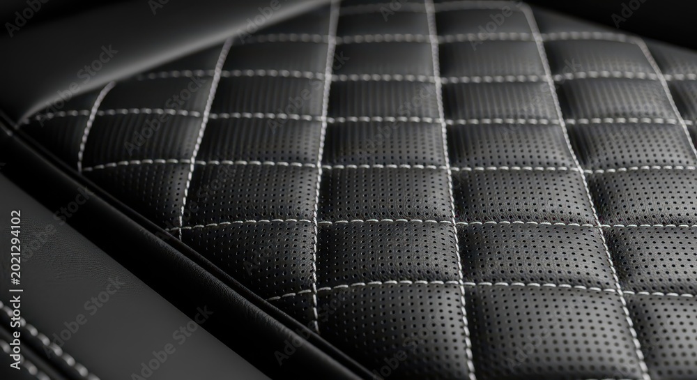 Fototapeta premium Premium Black Leather Upholstery with Perforated Surface and White Diamond Quilted Stitchi