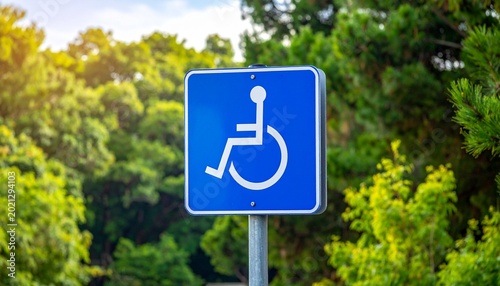 Blue disabled access road sign set against lush green trees, accessibility symbol, public infrastructure