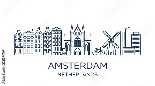 Amsterdam Skyline Outline with Windmill and Bicycle, Netherlands Iconic Landmarks
