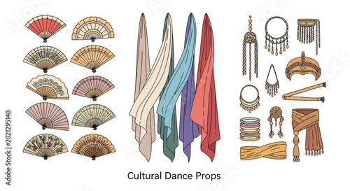 Fotografija Set of Traditional Cultural Dance Props Including Fans Scarves and Jewelry