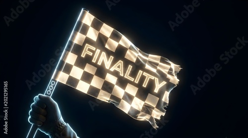 Glowing finality checkered flag held in hand representing victory and achievement in competitive sports racing